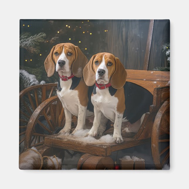 Íman Decoração de Natal Beagle Snowy Sleigh  (Frente)