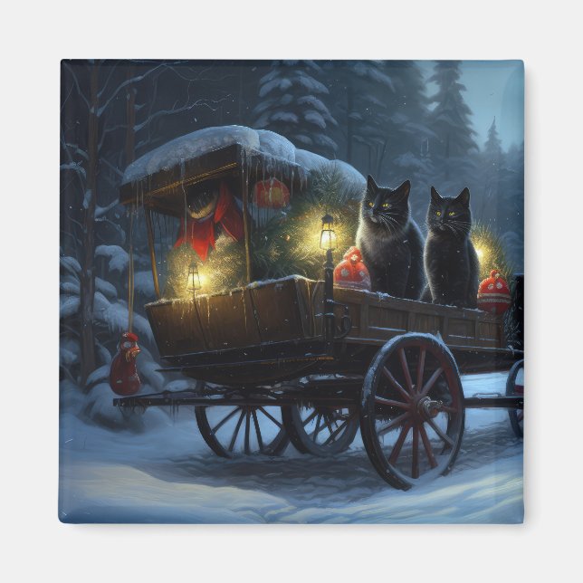 Íman Decoração de Natal Black Cat Snowy Sleigh Ride   (Frente)