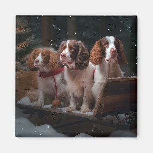 Íman Decoração de Natal Brittany Spaniel Snowy Sleigh