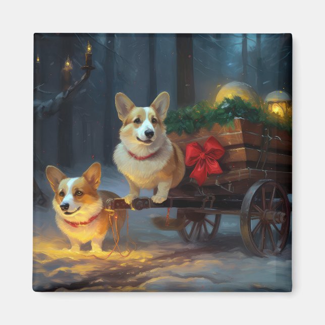 Íman Decoração de Natal Corgi Snowy Sleigh  (Frente)
