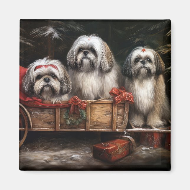 Íman Decoração de Natal de Lhasa Apso Snowy Sleigh (Frente)