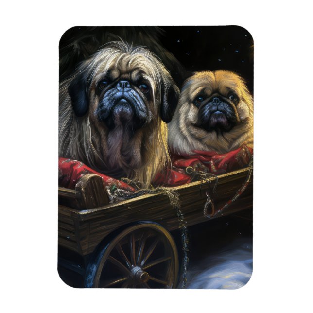 Íman Decoração de Natal de Pekingese Snowy Sleigh (Vertical)
