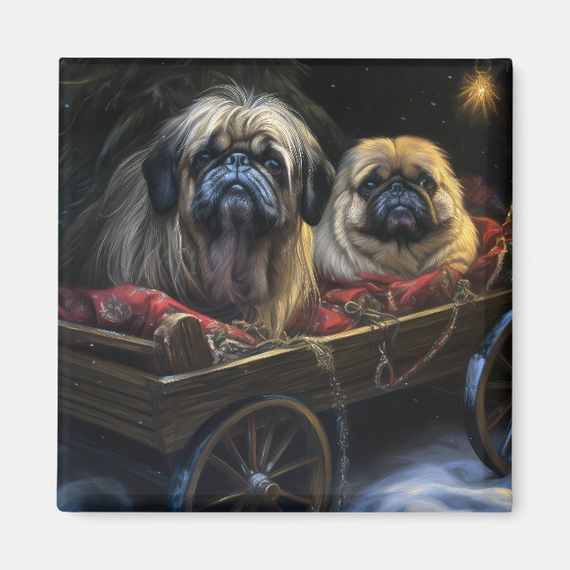 Íman Decoração de Natal de Pekingese Snowy Sleigh (Frente)