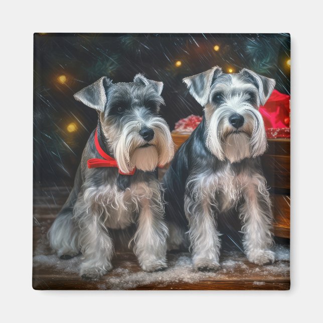 Íman Decoração de Natal de Schnauzer Snowy Sleigh (Frente)