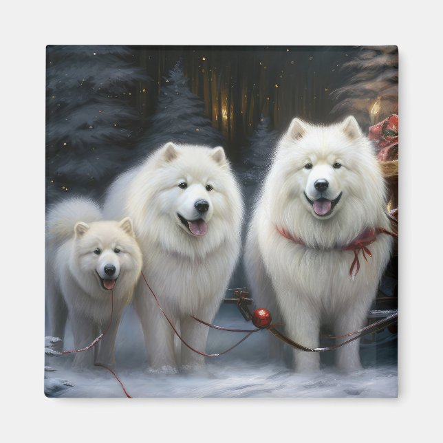 Íman Decoração de Natal Samoyed Snowy Sleigh (Frente)