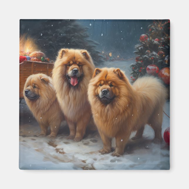 Íman Decoração de Natal Trenó com Chow Chow na Neve (Frente)