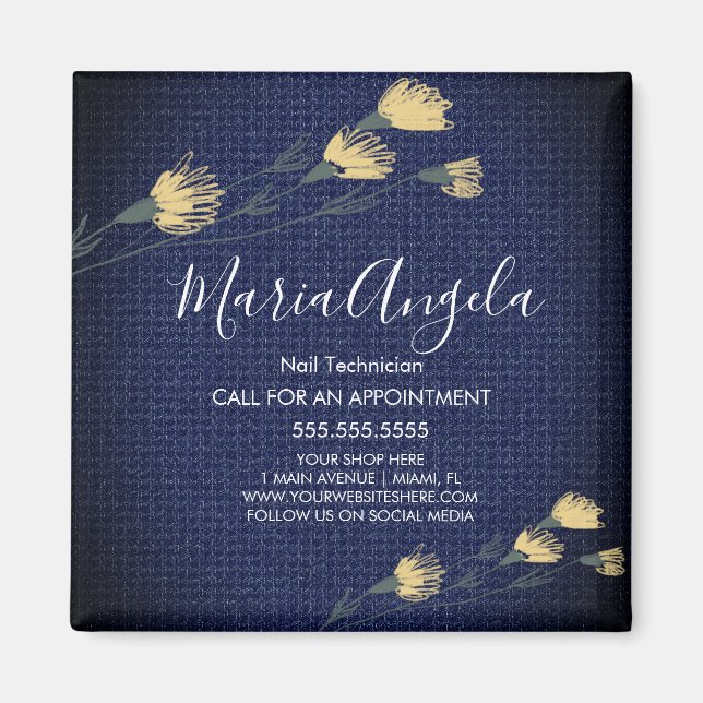 Íman Denim e Flores Selvagens Beleza Amarela Azul Salão (Frente)