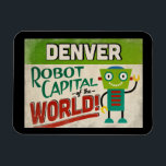 Íman Denver Colorado Robot - Engraçado Vintage<br><div class="desc">Um encantador ímã da viagens vintage de Denver Colorado com um robô engraçado e amigável,  junto com um texto divertido no estilo retrô que diz,  "Venham em Denver"</div>