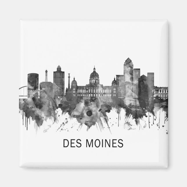 Íman Des Moines Iowa Skyline BW (Frente)