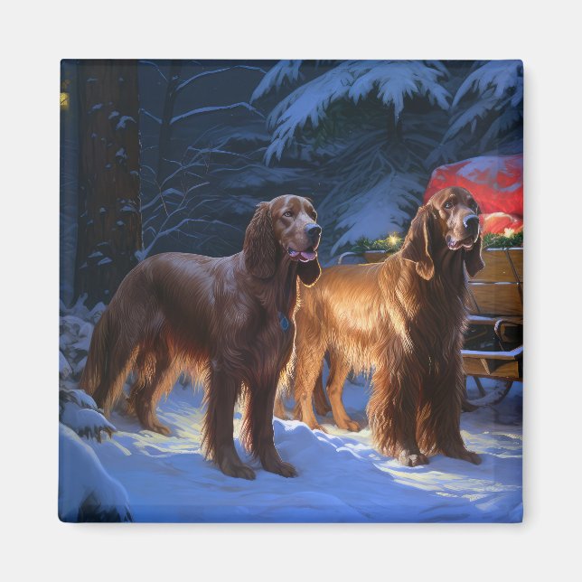 Íman Desconto de Natal do Irish Red Setter Snowy Sleigh (Frente)