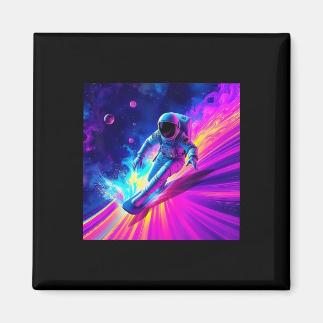 Íman Desenho Astronauta Surfando Onda de Arco-íris Cósm (Frente)