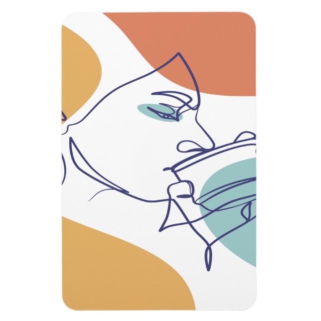 Íman desenho de arte linear pôster de mulher bebendo ca (Vertical)