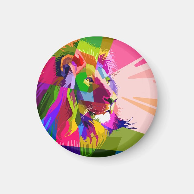 Íman Desenho de Arte Pop Prismática Colorida de Leão (Frente)
