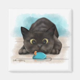 Íman Desenho de Gato Preto com Rato de Brinquedo