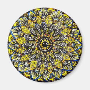 Íman Desenho de Mandala Amarela Verde Desenhada à Mão