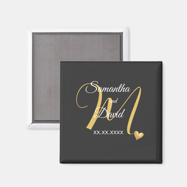 Íman Desenho de Monograma de Casamento com Nomes e Data (Front/Back)