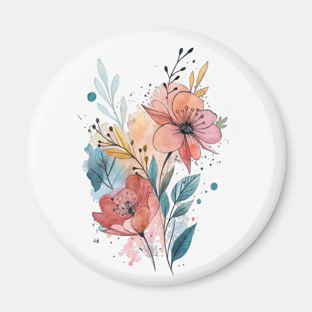 Íman Desenho Vibrante de Aquarela Floral (Frente)