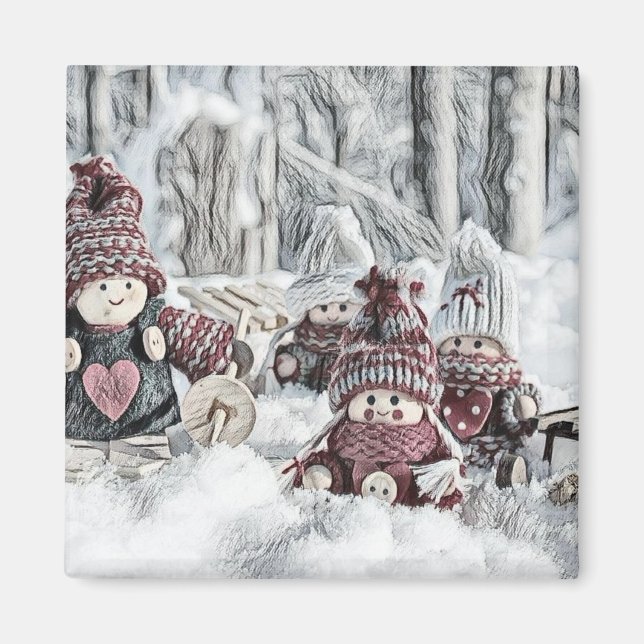 Íman Desenho Vintage de Gnomos na Neve (Frente)