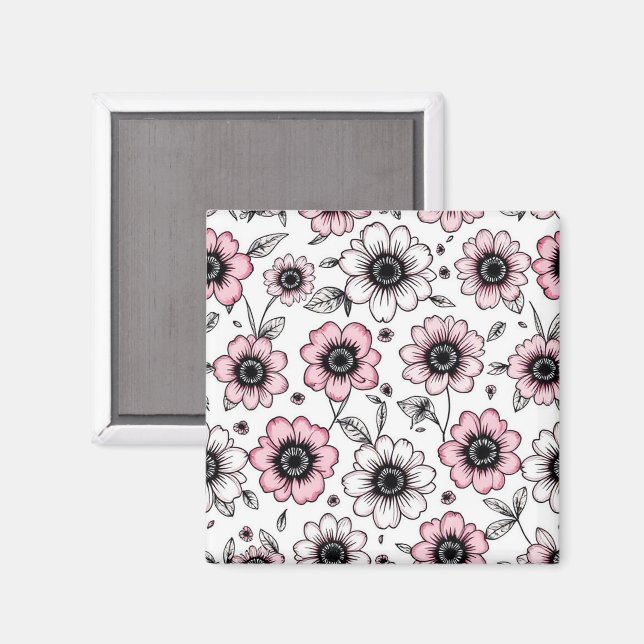 Íman Design de esboços, flores e folhas, cor-de-rosa (Front/Back)