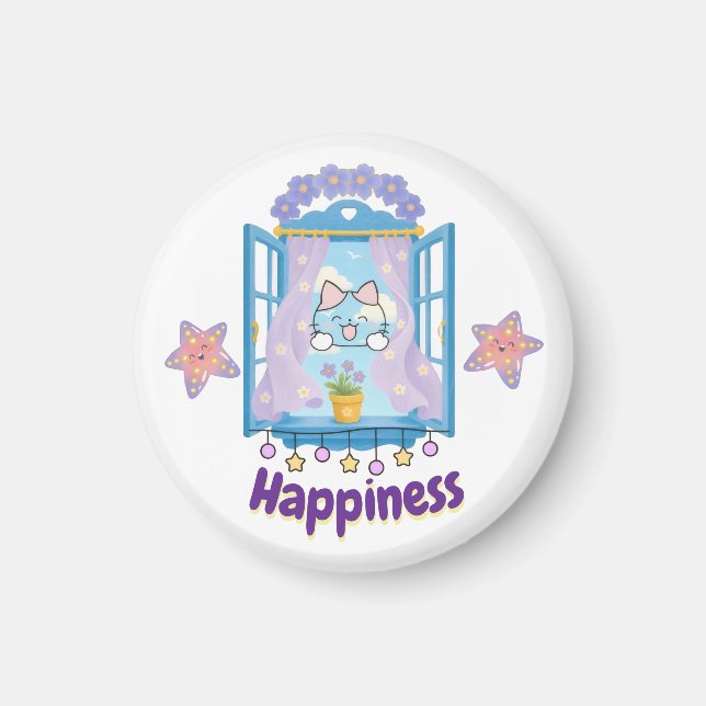 Íman Design de Gatinho Kawaii Feliz (Frente)