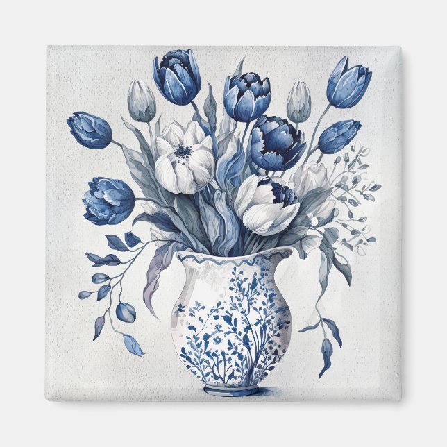 Íman Design de tulipa do estilo Delft azul e branco (Frente)