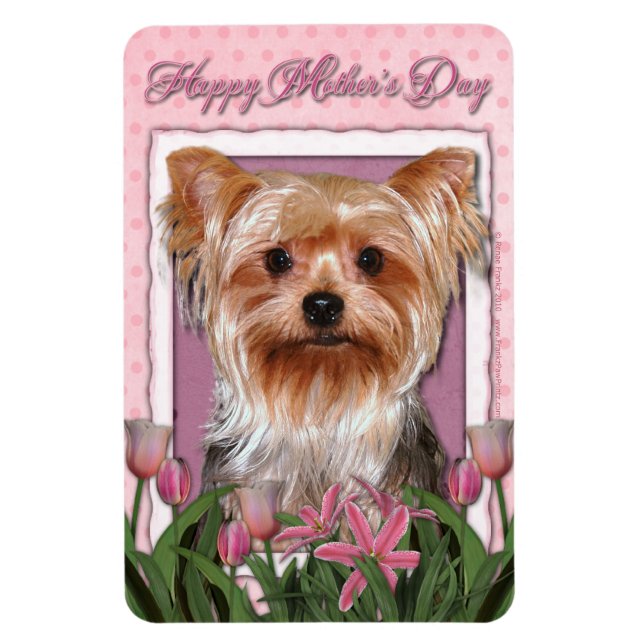 Íman Dia de as mães - Tulipas Rosa - Yorkshire Terrier (Vertical)