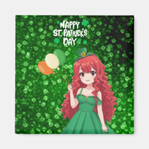 Íman Dia de São Patrício fofo, garota anime irlandesa