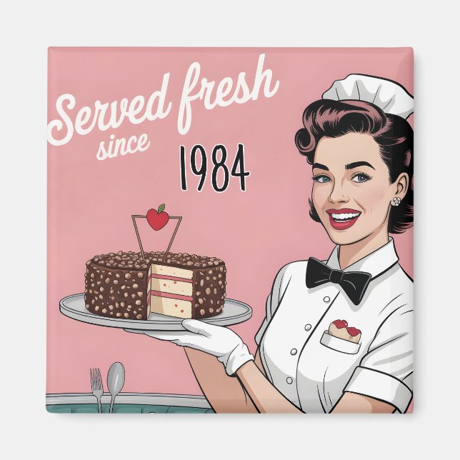 Íman Diner Pin-Up: Retro Waitress and Custom Year (Frente)