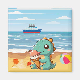 Íman Dinô bonito comendo sorvete na praia
