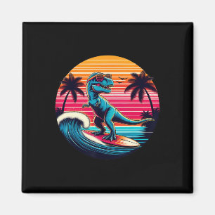 Íman Dinossauro Engraçado Surfando Pôr do Sol Retro Hom
