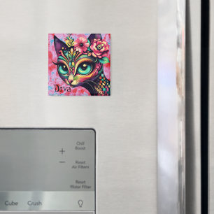 Íman Diva Whimsical Big Eye Cat Gatinho Floral