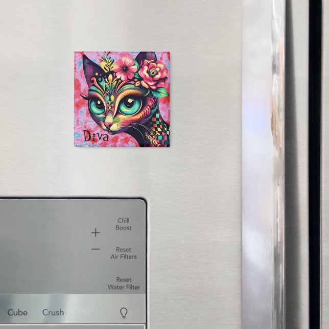 Íman Diva Whimsical Big Eye Cat Gatinho Floral (In Situ (Fridge))