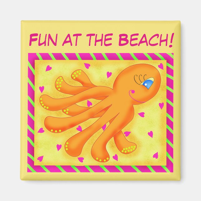 Íman Diversão em Laranja Amarelo Octopus Whimsy Beach (Frente)