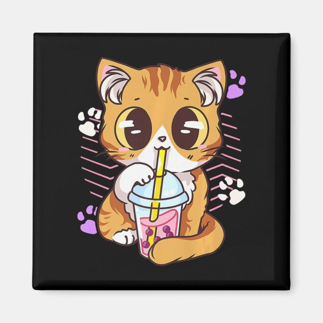 Íman Diversão Kawaii Cute Cat Boba Bubble milk Tea Anim (Frente)