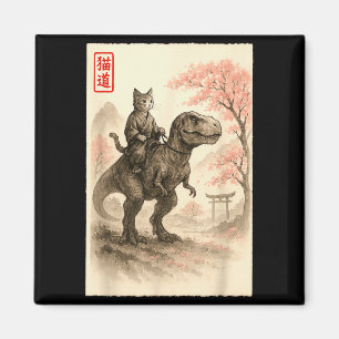 Íman Divertido Sumi-e Kawaii Gato Montando Dinossauro J
