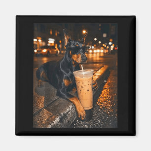 Íman Doberman Bebendo Café Gelado Amante de Cachorro En