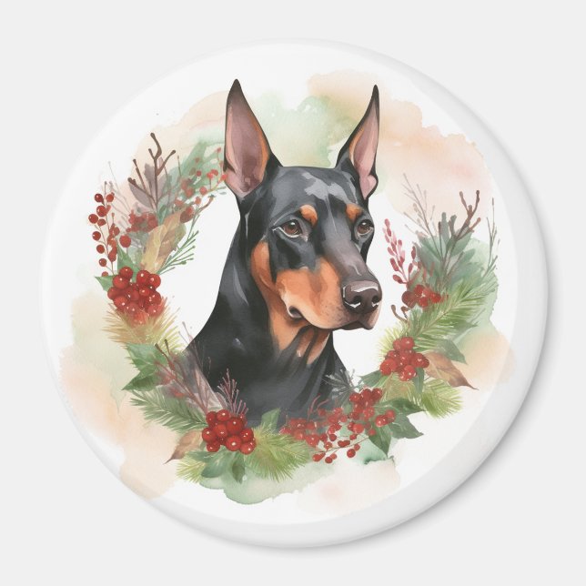 Íman Doberman Christmas Wreath Festivo Pup (Frente)