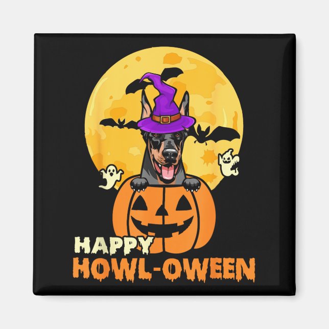 Íman Doberman Preto e Marrom Bruxa Cachorro Feliz Dia d (Frente)