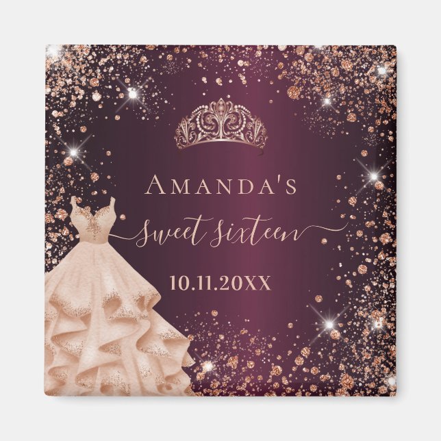 Íman Doce 16, Burgundy rosa gold tiara Nome do vestido (Frente)