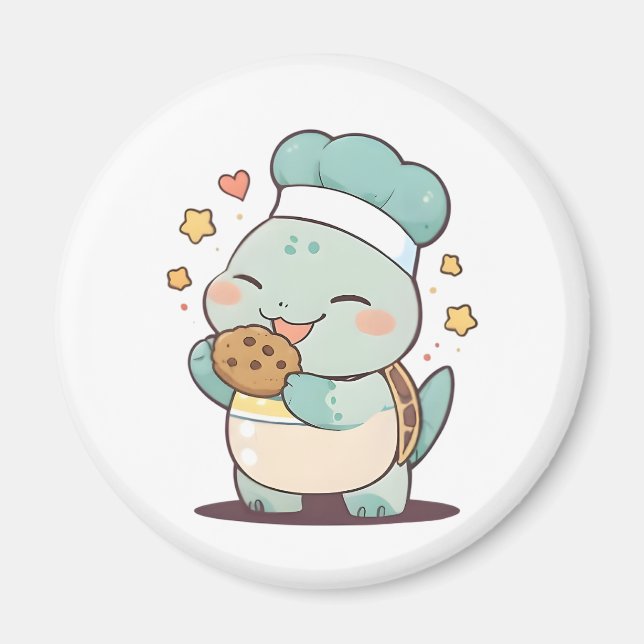 Íman Doce Chef Tartaruga Comendo Biscoito Design Kawaii (Frente)