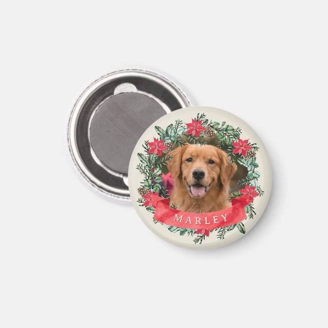 Íman Dog Photo and Name Poinsettia Wreath Holiday Gift (Front/Back)