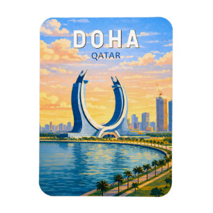 Íman Doha Qatar Ilustração Arte de Viagem Vintage