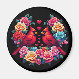 Íman Dois Cardeais com Rosas e Corações Coloridos