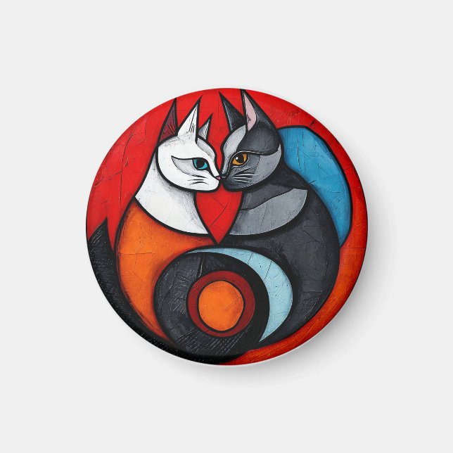 Íman Dois Gatos em Desenho Circular Vibrante (Frente)