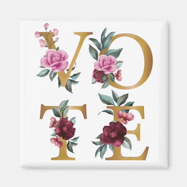 Íman Dourada Burgundy Floral Elegante Feminina Vá Votar (Frente)