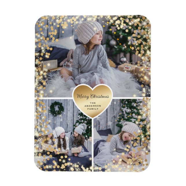 Íman Dourada Foto Sparkly Feliz Natal (Vertical)