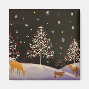 Íman Dourada Vintage Deer Family em Snowy Christmas For