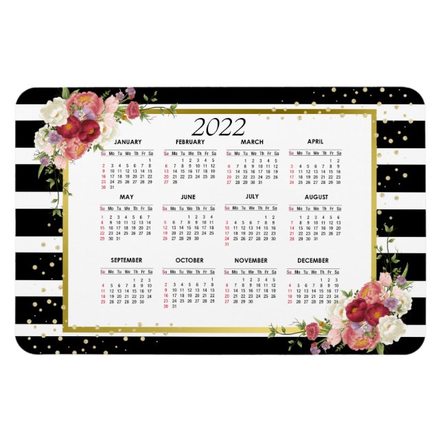 Íman Dourado Floral Preto-Branco Estimulado | Calendári (Horizontal)