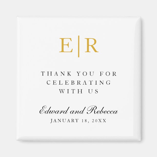 Íman Dourado Monograma Obrigado Elegante Favor De Casam (Frente)