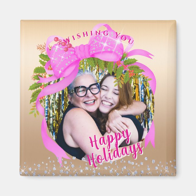 Íman Dourado Natal da Fita Rosa Brilhante (Frente)